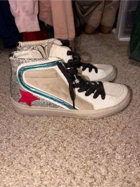 ShuShop White and Tan High-Top Sneakers with Black Laces